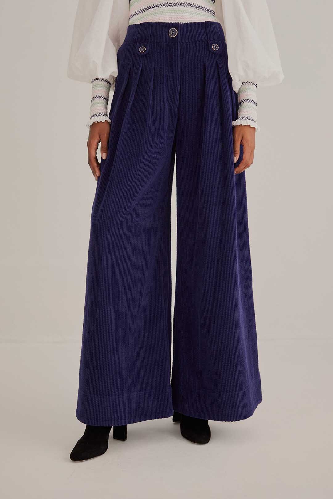Pantalon taille basse et coupe ajustée en coton - Bleu