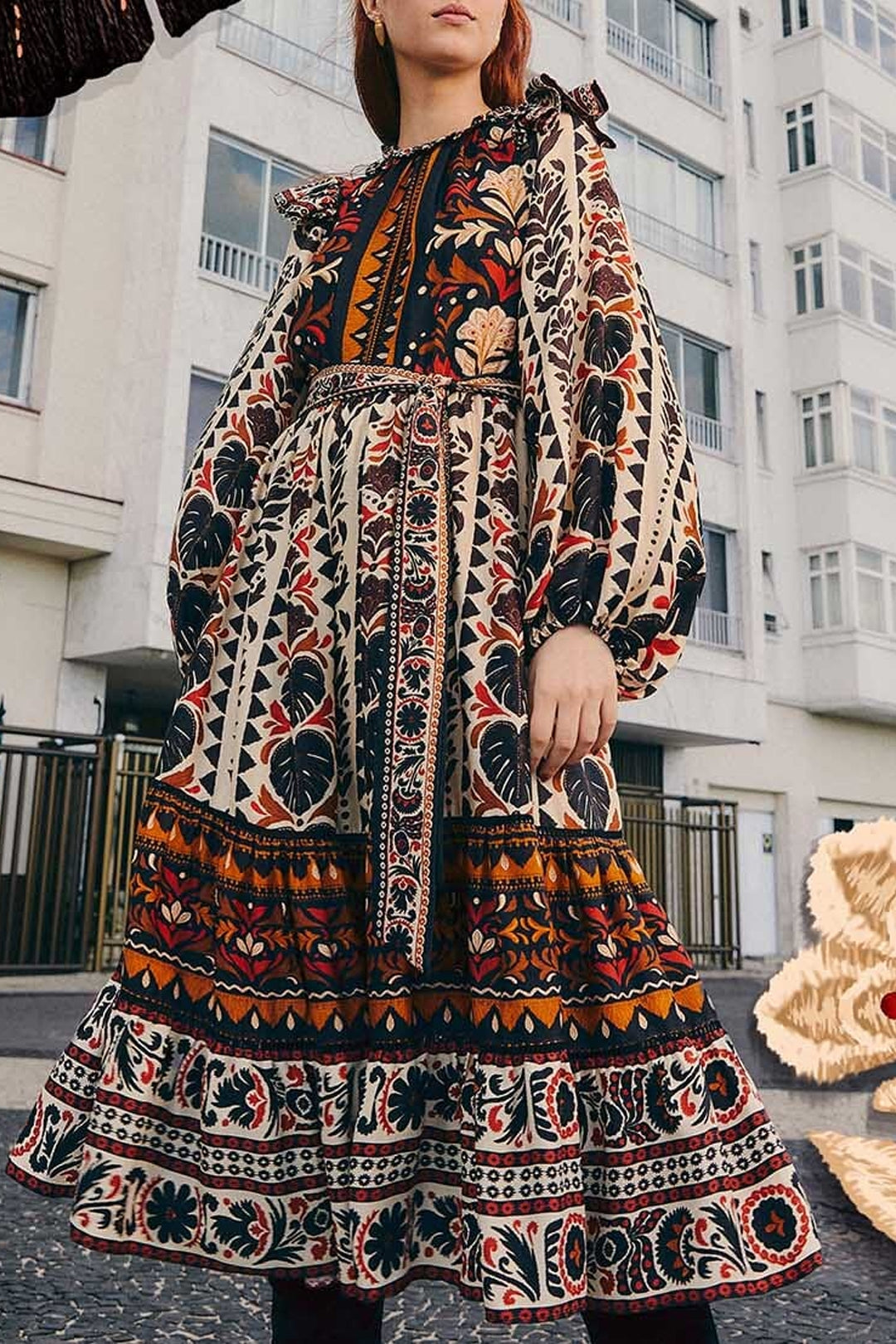 Robe midi à manches longues et col montant - Multicolore