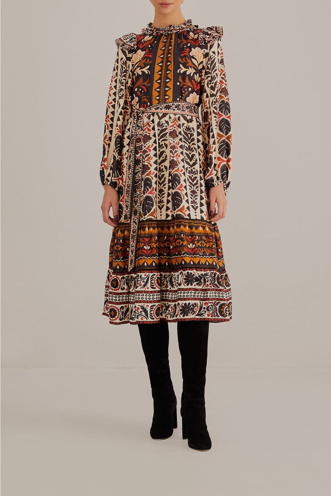 Robe midi à manches longues et col montant - Multicolore
