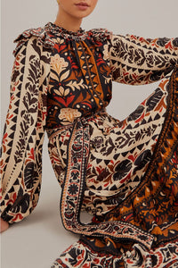 Robe midi à manches longues et col montant - Multicolore