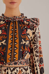 Robe midi à manches longues et col montant - Multicolore