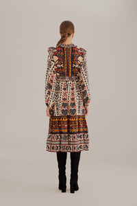 Robe midi à manches longues et col montant - Multicolore
