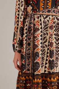 Robe midi à manches longues et col montant - Multicolore