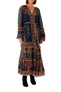 Robe longue à fente Ainika Tapestry - Bleu