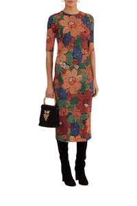 Robe midi Stitched Flowers à manches courtes - Orange