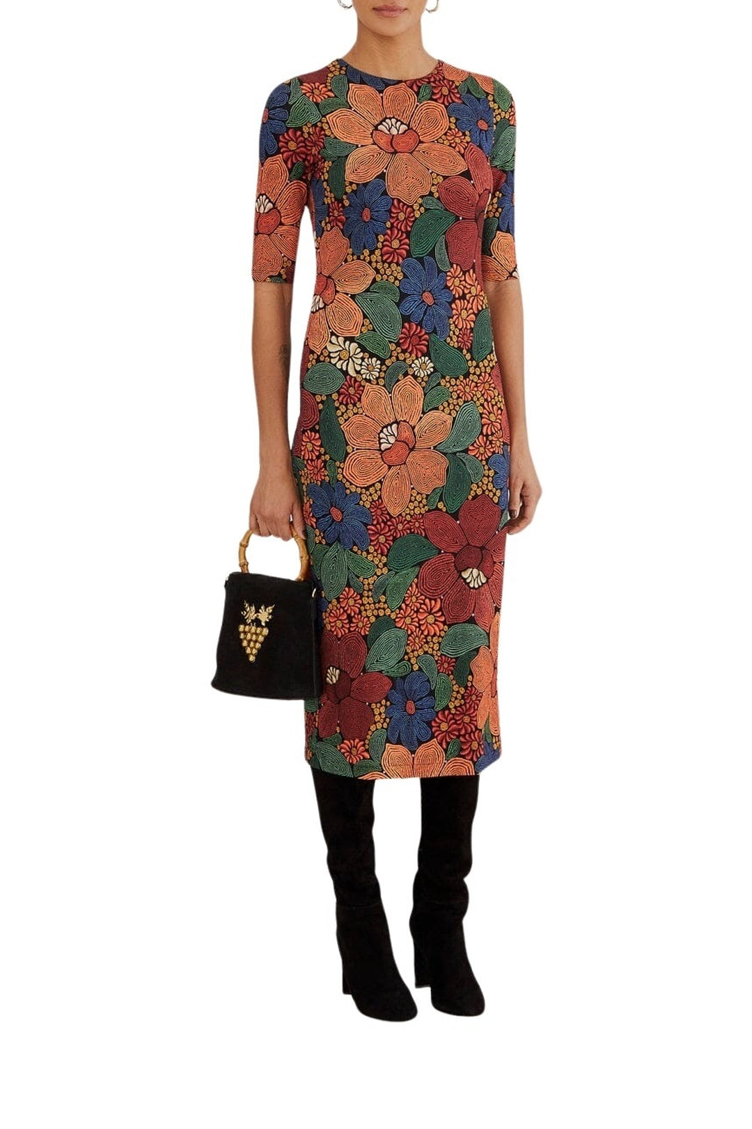 Robe midi Stitched Flowers à manches courtes - Orange