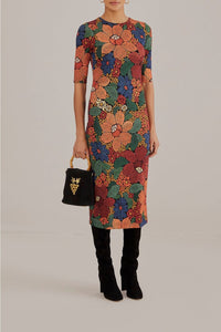 Robe midi Stitched Flowers à manches courtes - Orange