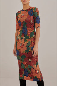 Robe midi Stitched Flowers à manches courtes - Orange