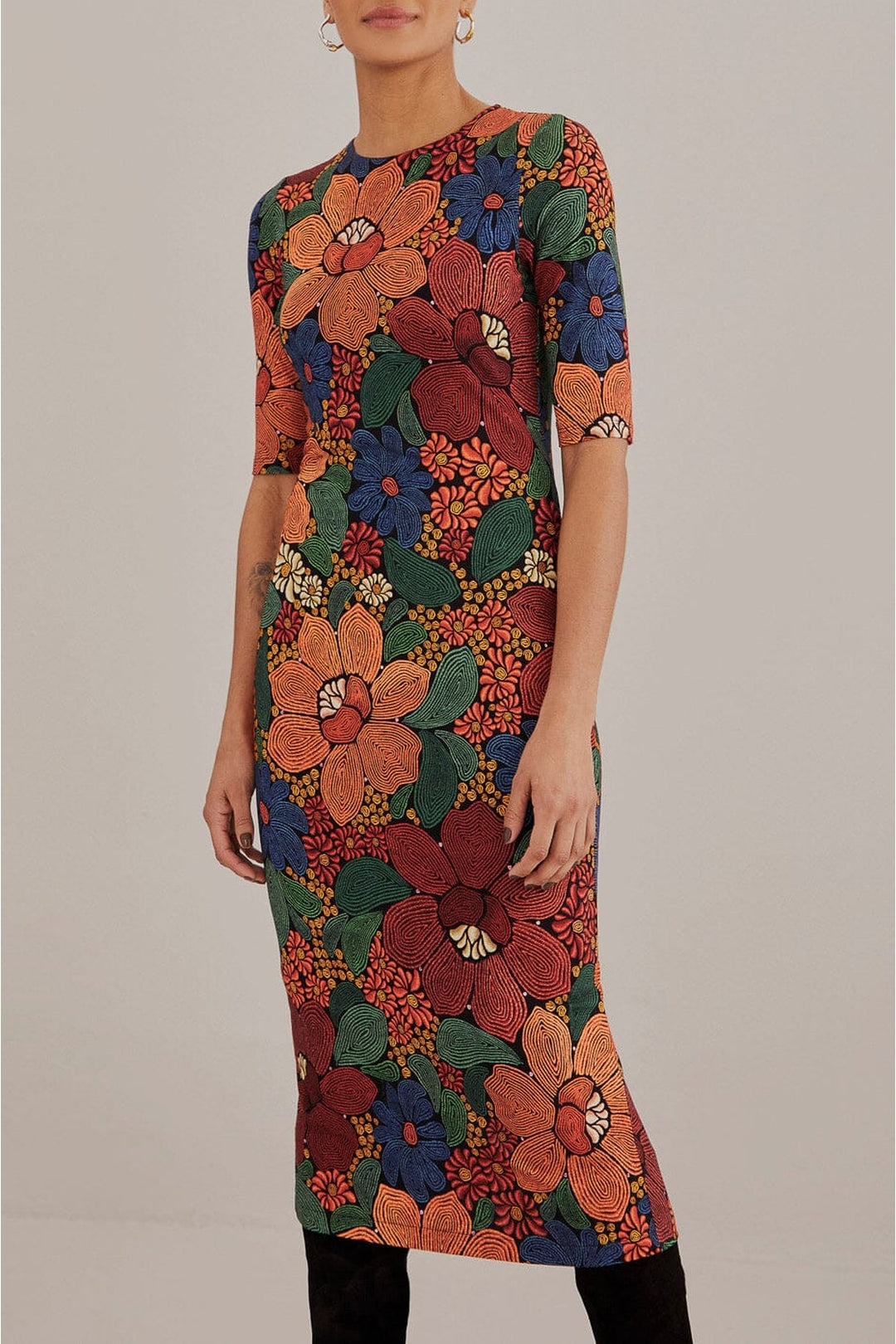 Robe midi Stitched Flowers à manches courtes - Orange