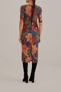 Robe midi Stitched Flowers à manches courtes - Orange