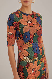 Robe midi Stitched Flowers à manches courtes - Orange