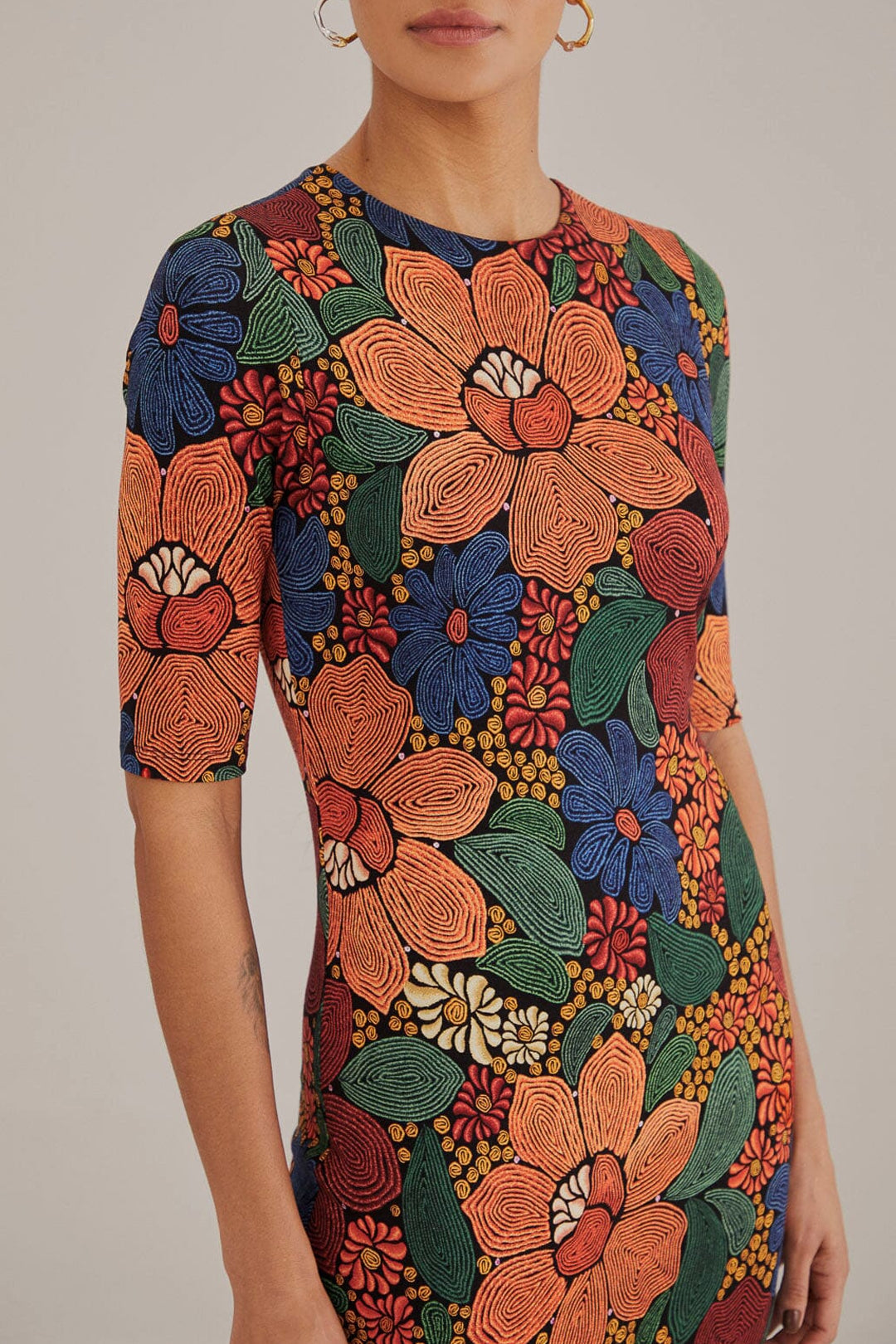 Robe midi Stitched Flowers à manches courtes - Orange