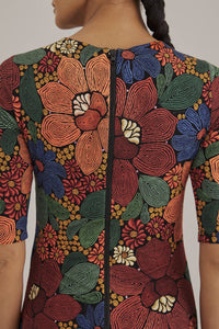 Robe midi Stitched Flowers à manches courtes - Orange