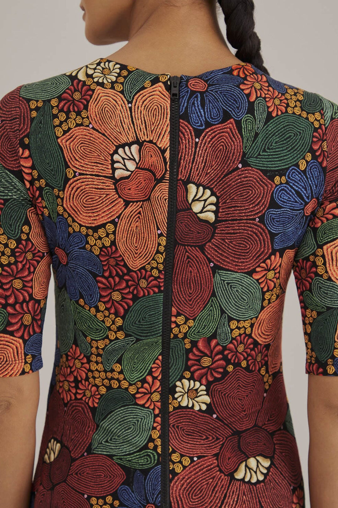 Robe midi Stitched Flowers à manches courtes - Orange
