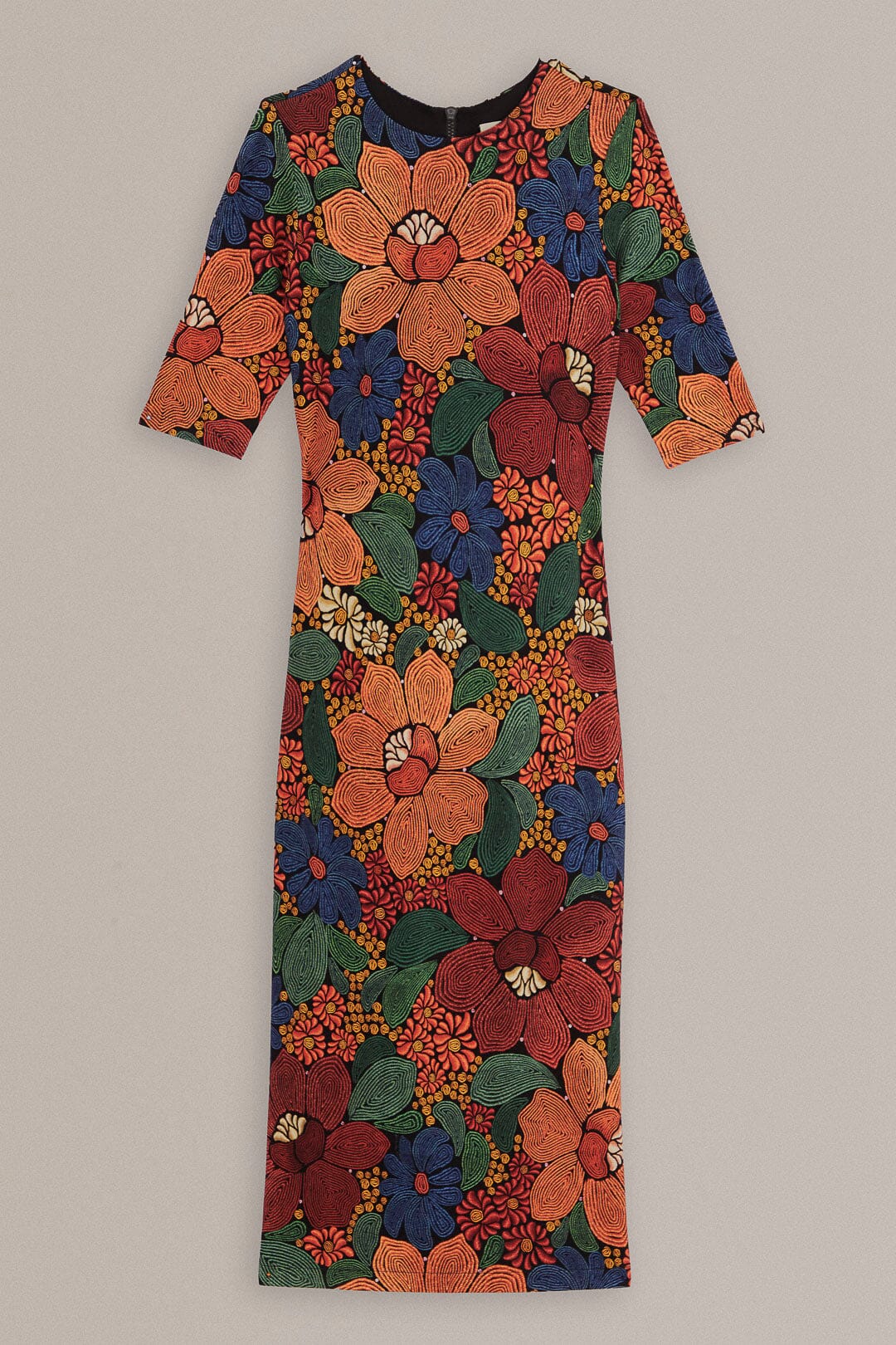 Robe midi Stitched Flowers à manches courtes - Orange