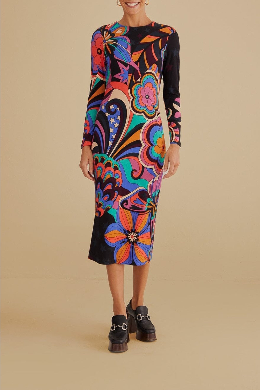 Robe midi 70S Vibe en jersey - Multicolore