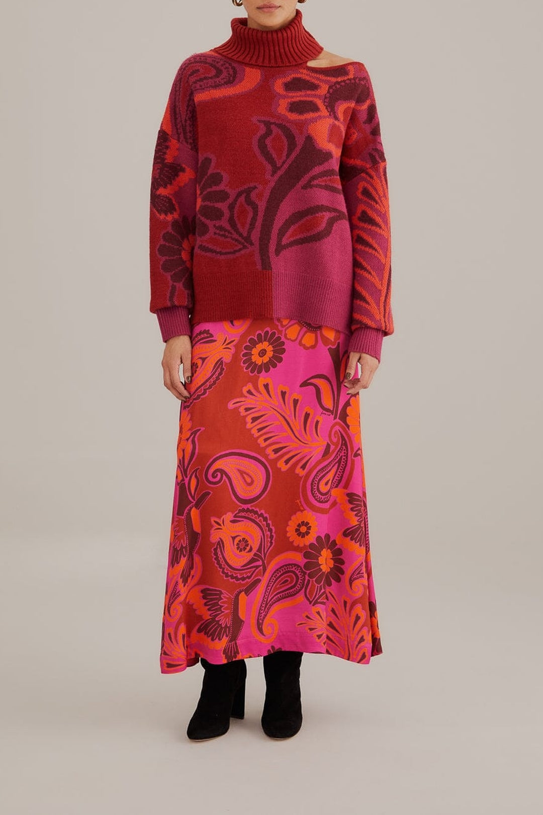 Jupe longue à fleurs en satin - Rose
