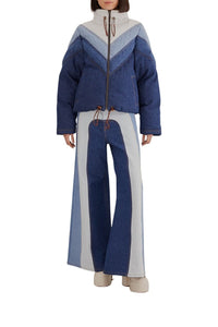 Pantalon large en denim patchwork en coton - Bleu