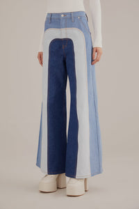 Pantalon large en denim patchwork en coton - Bleu