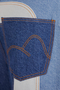 Pantalon large en denim patchwork en coton - Bleu
