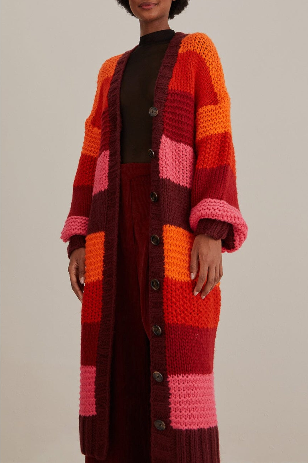 Cardigan mi-long à rayures Tropicales - Rose