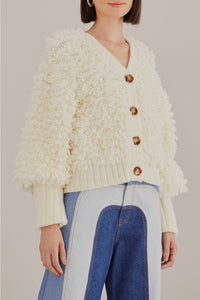 Cardigan à col V texturé en laine mélangée - Blanc