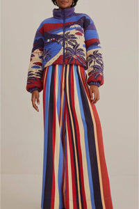 Pantalon large à rayures hivernales en coton - Multicolore