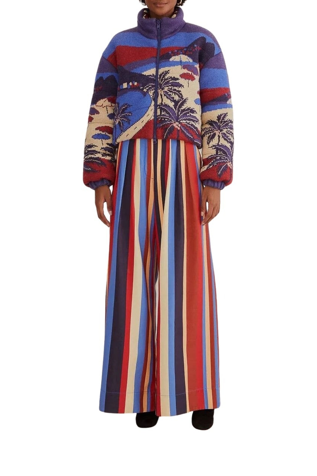 Pantalon large à rayures hivernales en coton - Multicolore