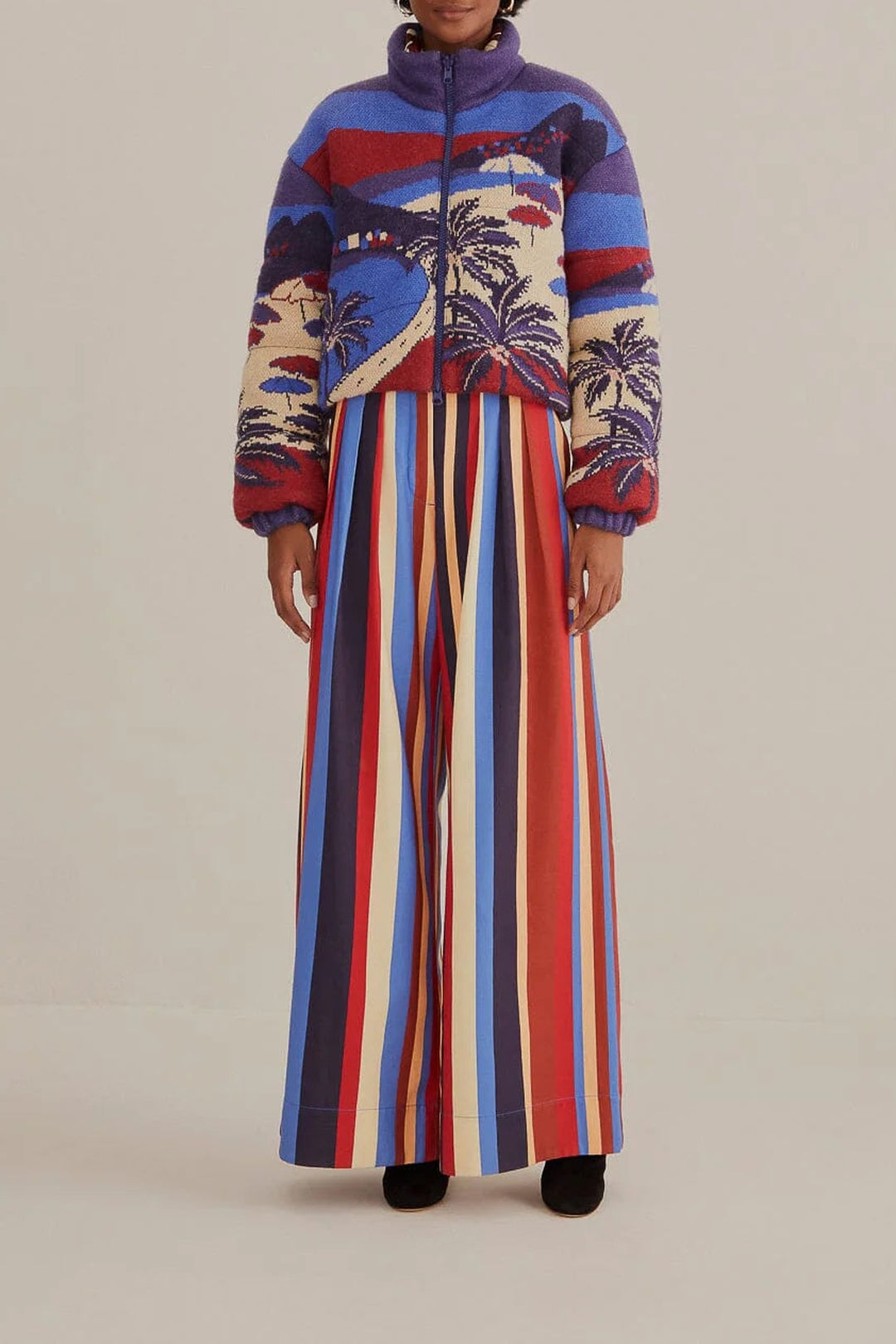 Pantalon large à rayures hivernales en coton - Multicolore