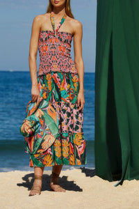 Robe midi sans manches à motif de feuilles en lin - Multicolore
