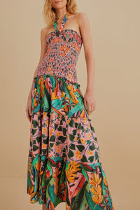 Robe midi sans manches à motif de feuilles en lin - Multicolore