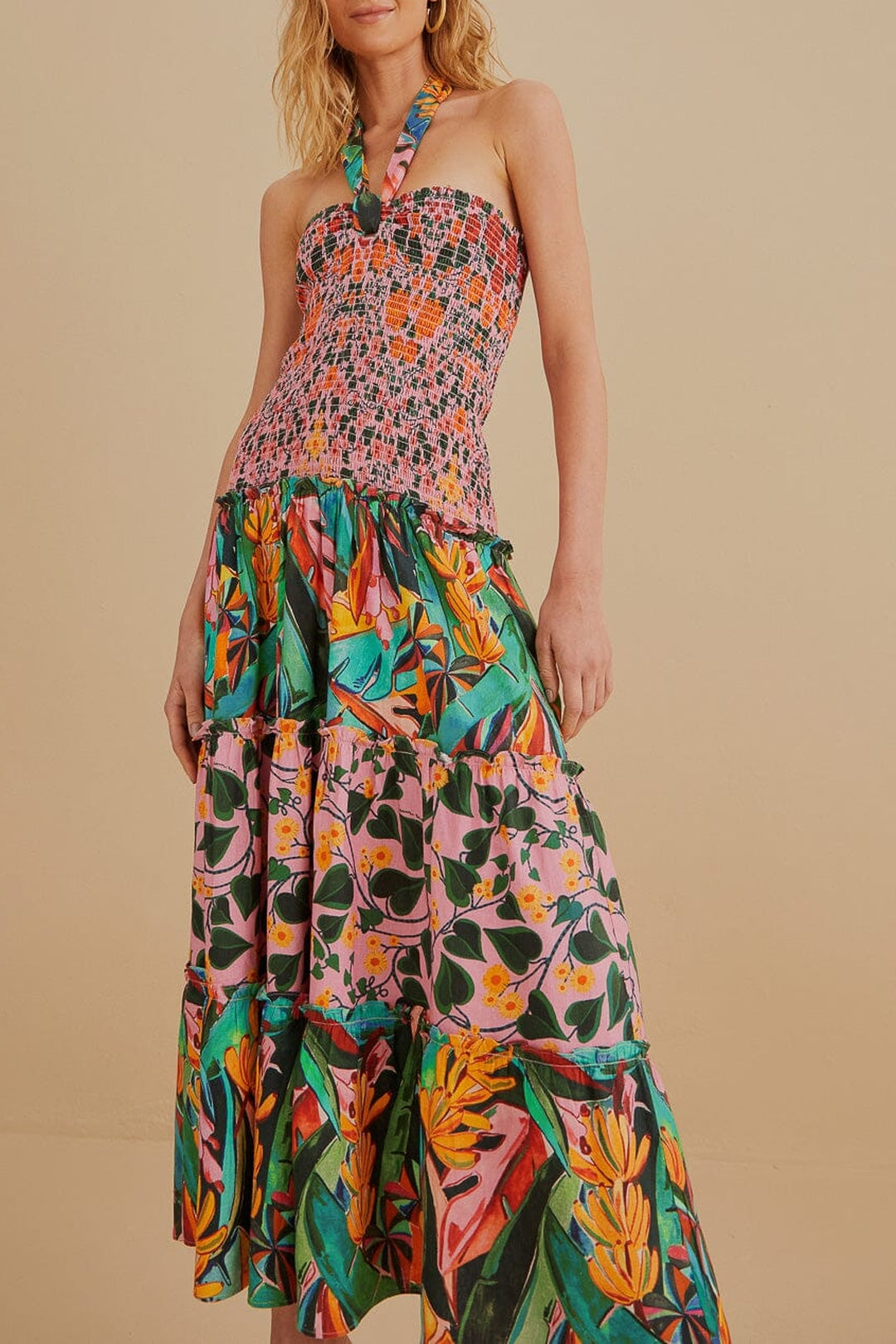 Robe midi sans manches à motif de feuilles en lin - Multicolore