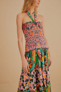 Robe midi sans manches à motif de feuilles en lin - Multicolore