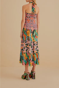 Robe midi sans manches à motif de feuilles en lin - Multicolore
