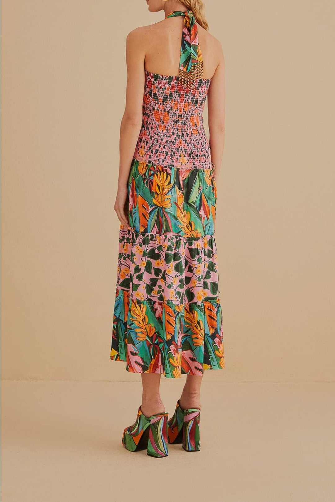 Robe midi sans manches à motif de feuilles en lin - Multicolore