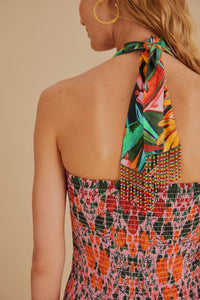 Robe midi sans manches à motif de feuilles en lin - Multicolore
