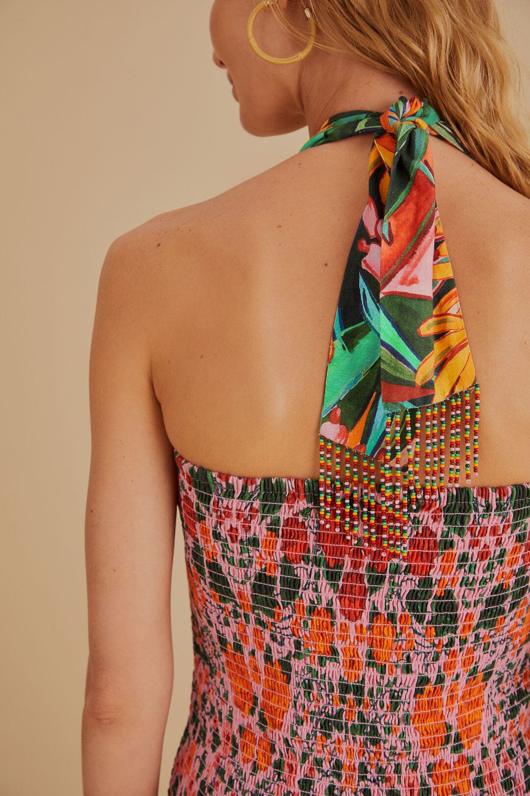 Robe midi sans manches à motif de feuilles en lin - Multicolore