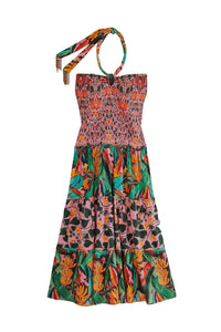 Robe midi sans manches à motif de feuilles en lin - Multicolore