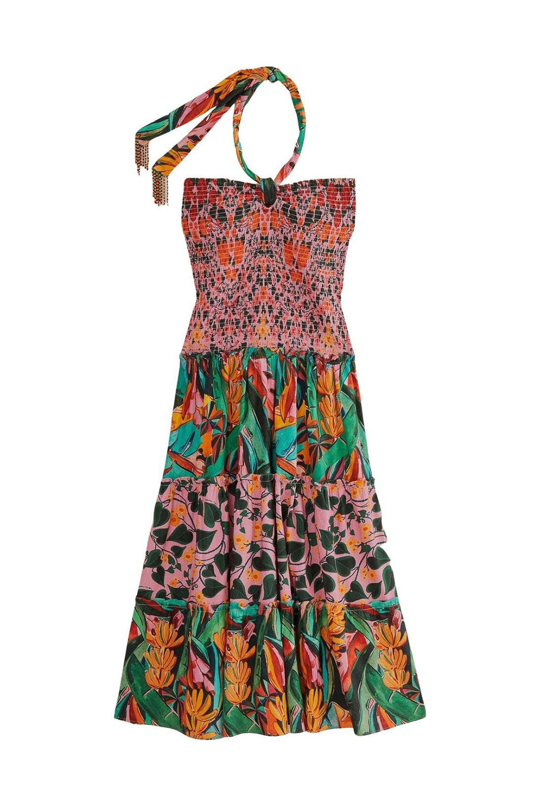Robe midi sans manches à motif de feuilles en lin - Multicolore
