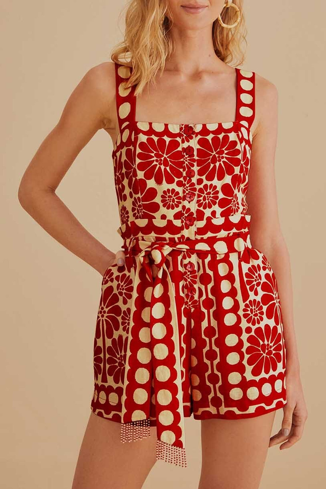 Combi-short Palerme sans manches en lin - Rouge