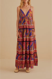 Robe longue sans manches Forest Mosaic en coton - Bleu