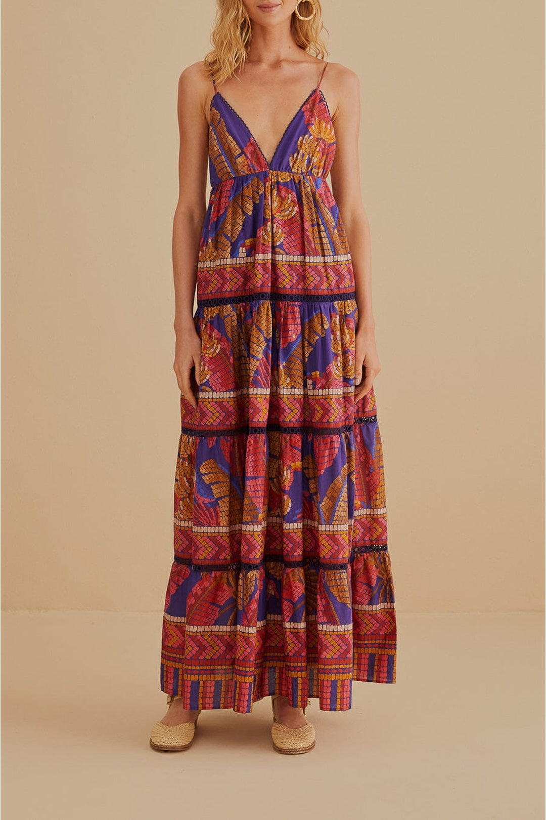 Robe longue sans manches Forest Mosaic en coton - Bleu