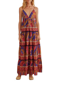 Robe longue sans manches Forest Mosaic en coton - Bleu
