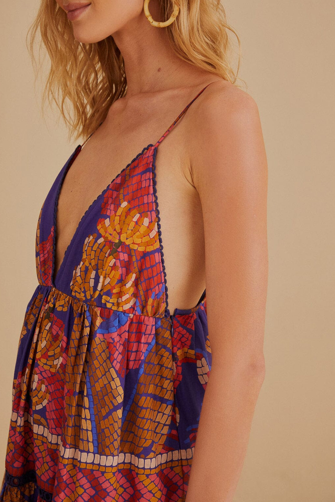 Robe longue sans manches Forest Mosaic en coton - Bleu