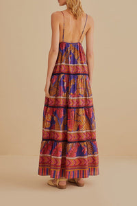 Robe longue sans manches Forest Mosaic en coton - Bleu