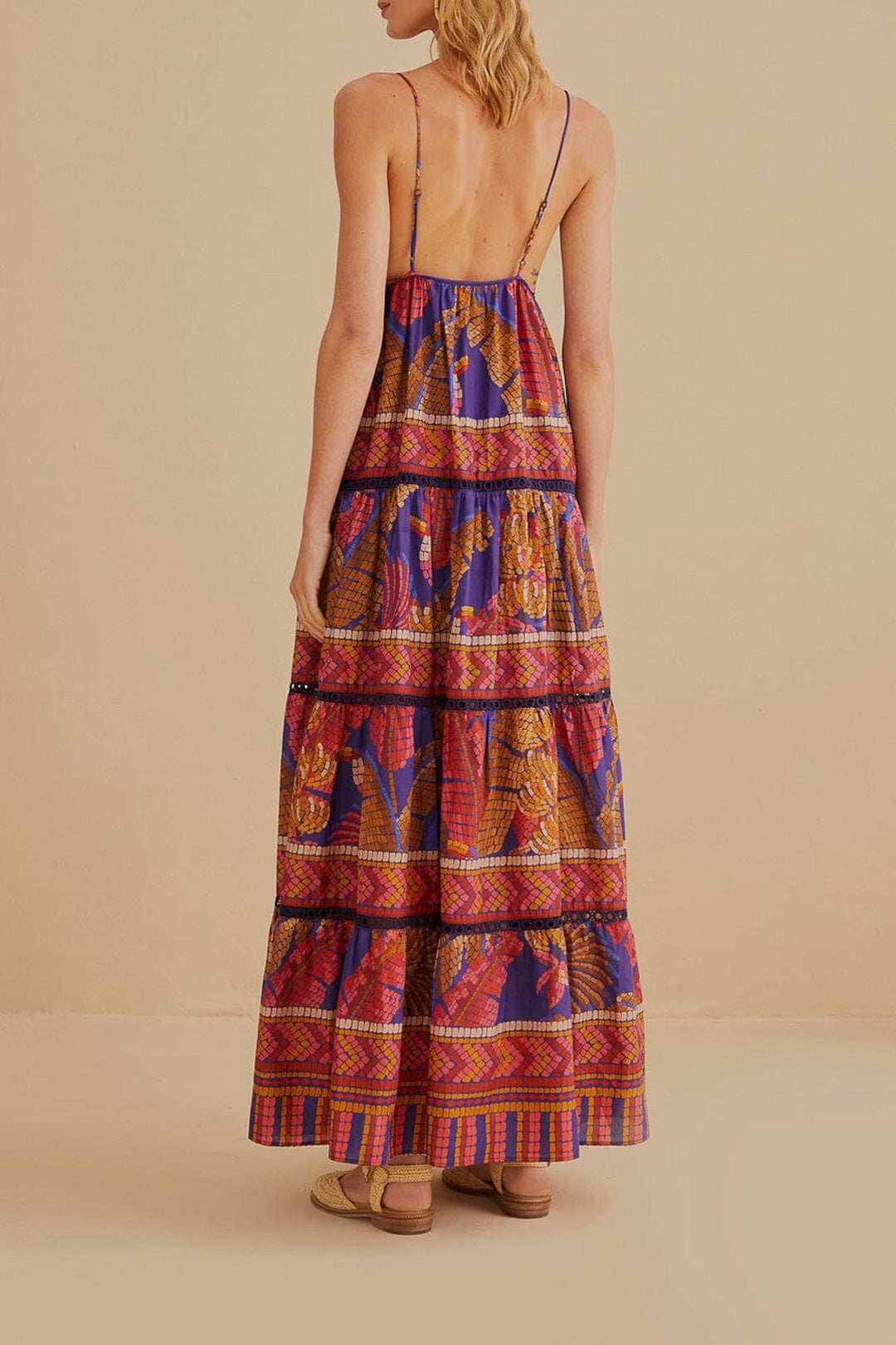 Robe longue sans manches Forest Mosaic en coton - Bleu
