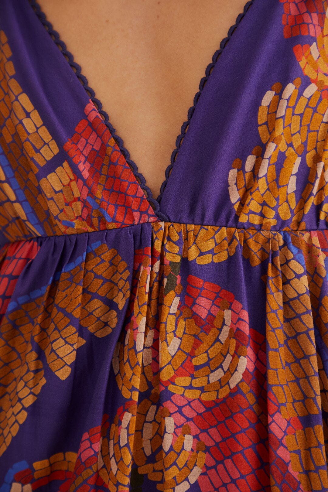 Robe longue sans manches Forest Mosaic en coton - Bleu