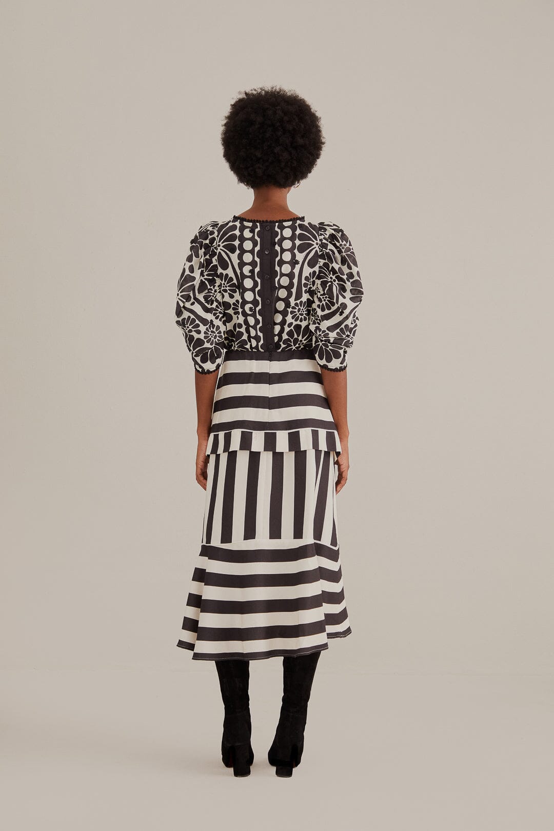 Jupe midi à rayures en coton - Noir