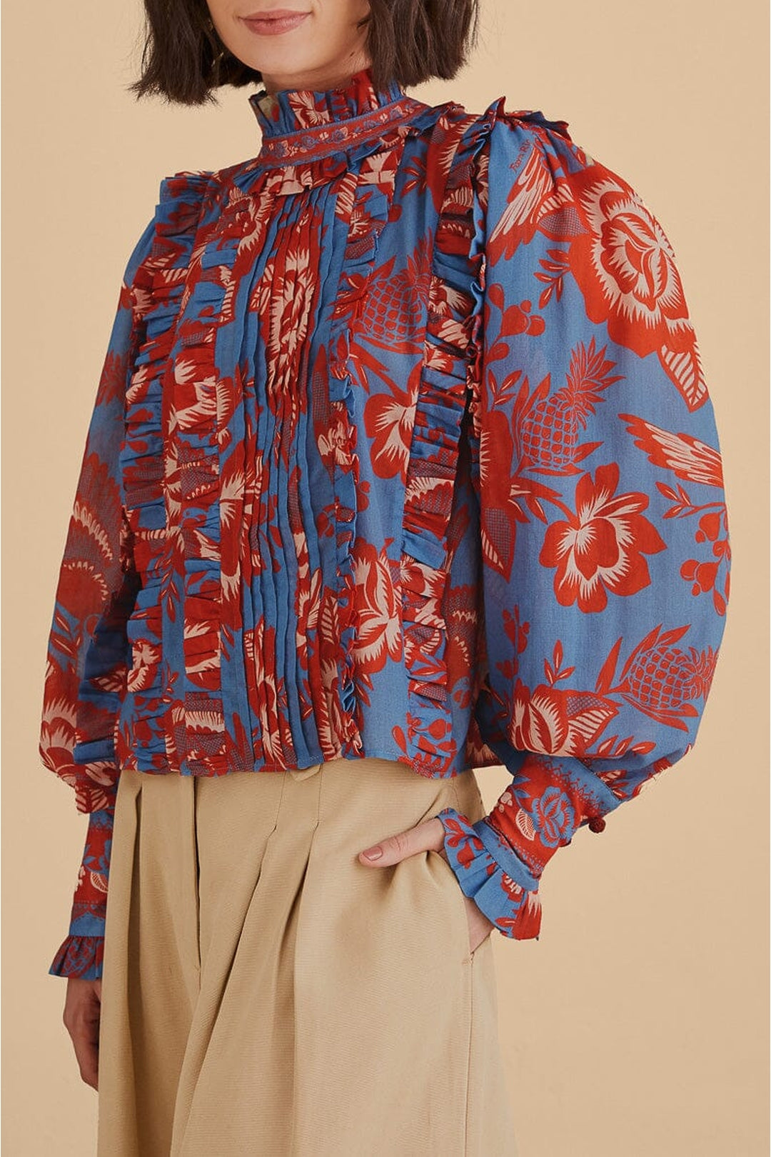 Blouse Garden à manches longues volantées en coton - Bleu