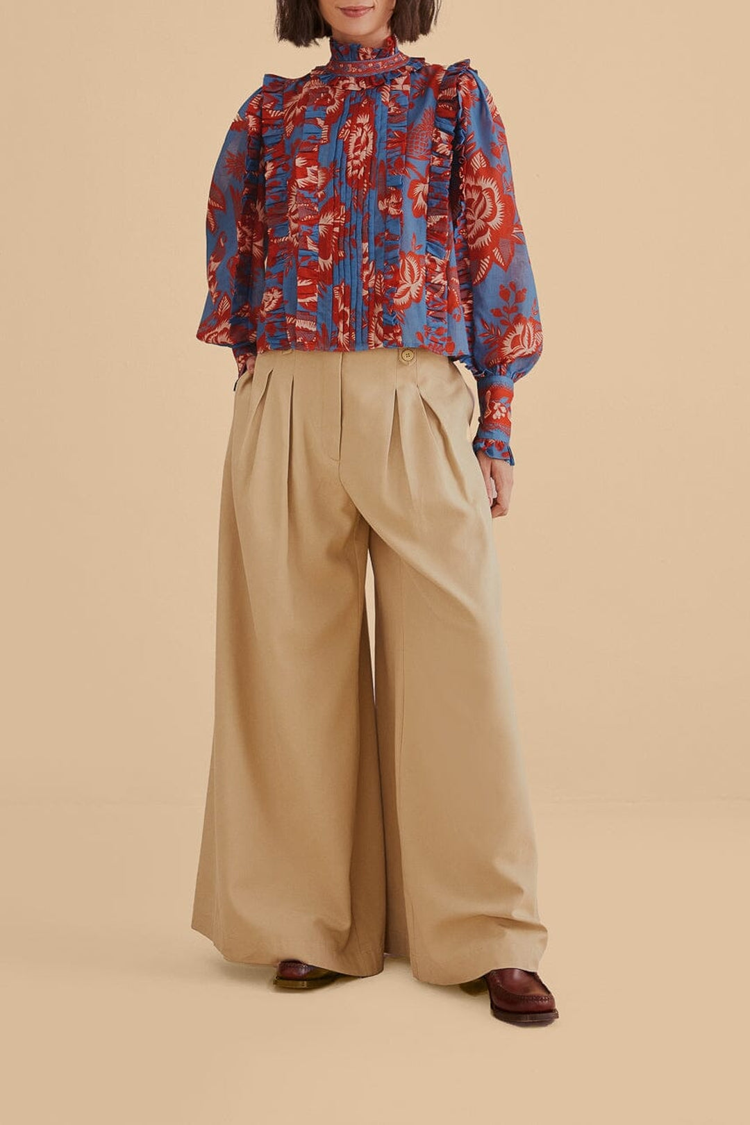 Blouse Garden à manches longues volantées en coton - Bleu